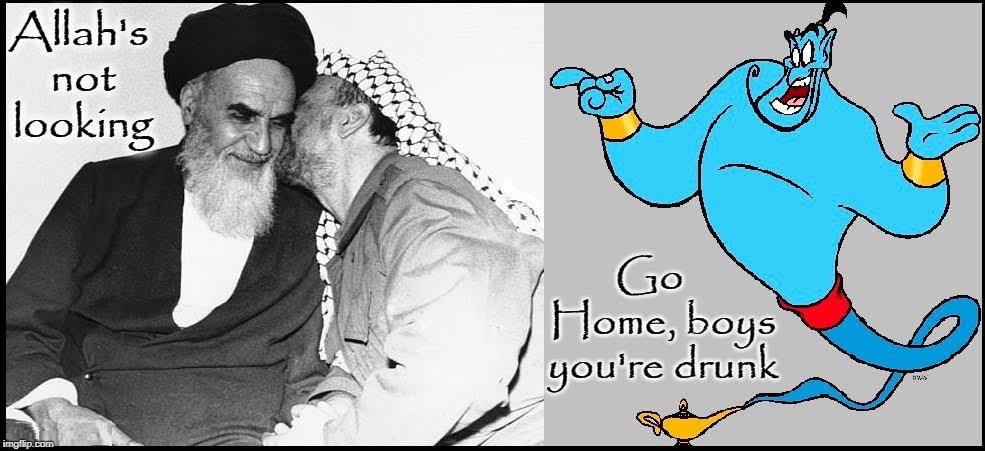 Negotiations in the Middle East | image tagged in vince vance,ayatollah,ruhollah khomeini,aladdin,yasser arafat,genie | made w/ Imgflip meme maker