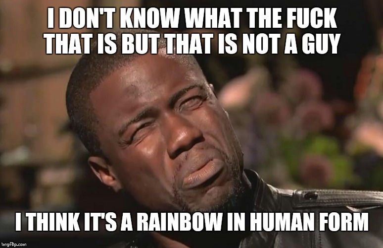 WHAT THE FUCK | I DON'T KNOW WHAT THE F**K THAT IS BUT THAT IS NOT A GUY I THINK IT'S A RAINBOW IN HUMAN FORM | image tagged in what the fuck | made w/ Imgflip meme maker