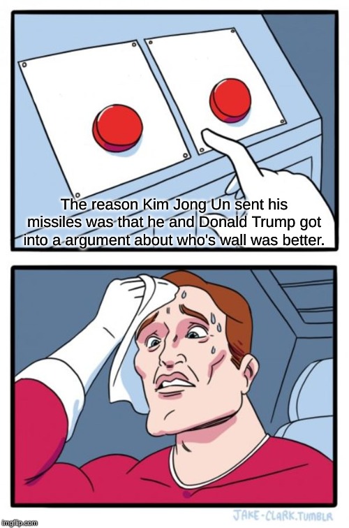 Two Buttons Meme | The reason Kim Jong Un sent his missiles was that he and Donald Trump got into a argument about who's wall was better. | image tagged in memes,two buttons | made w/ Imgflip meme maker