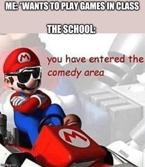 You have entered the comedy area | ME: *WANTS TO PLAY GAMES IN CLASS; THE SCHOOL: | image tagged in you have entered the comedy area | made w/ Imgflip meme maker