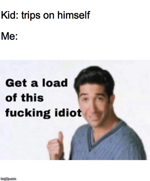 Get a Load of This Fucking Idiot | Kid: trips on himself; Me: | image tagged in get a load of this fucking idiot | made w/ Imgflip meme maker