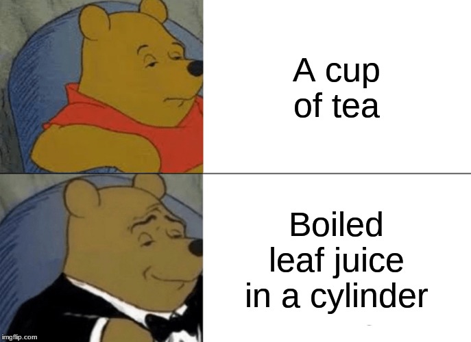 Tuxedo Winnie The Pooh | A cup of tea; Boiled leaf juice in a cylinder | image tagged in memes,tuxedo winnie the pooh | made w/ Imgflip meme maker