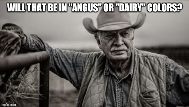 So God Made A Farmer Meme | WILL THAT BE IN "ANGUS" OR "DAIRY" COLORS? | image tagged in memes,so god made a farmer | made w/ Imgflip meme maker