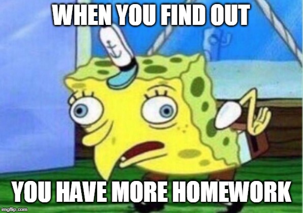 Mocking Spongebob | WHEN YOU FIND OUT; YOU HAVE MORE HOMEWORK | image tagged in memes,mocking spongebob | made w/ Imgflip meme maker