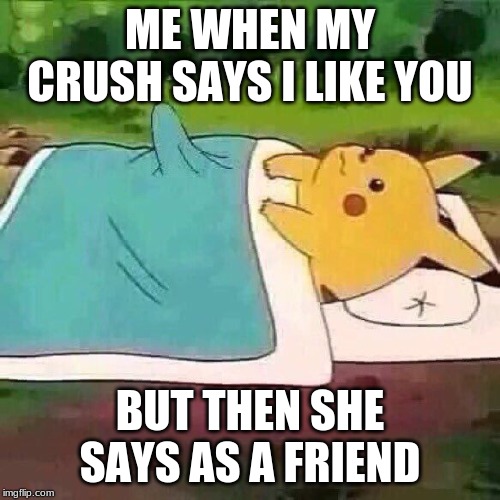 Pikachu boner | ME WHEN MY CRUSH SAYS I LIKE YOU; BUT THEN SHE SAYS AS A FRIEND | image tagged in pikachu boner | made w/ Imgflip meme maker