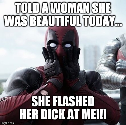 Deadpool Surprised | TOLD A WOMAN SHE WAS BEAUTIFUL TODAY... SHE FLASHED HER DICK AT ME!!! | image tagged in memes,deadpool surprised | made w/ Imgflip meme maker