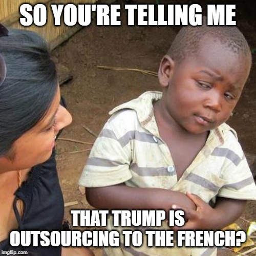 Third World Skeptical Kid Meme | SO YOU'RE TELLING ME THAT TRUMP IS OUTSOURCING TO THE FRENCH? | image tagged in memes,third world skeptical kid | made w/ Imgflip meme maker