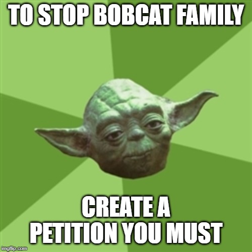 Advice Yoda | TO STOP BOBCAT FAMILY; CREATE A PETITION YOU MUST | image tagged in memes,advice yoda | made w/ Imgflip meme maker