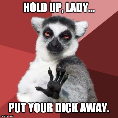 Chill Out Lemur | HOLD UP, LADY... PUT YOUR DICK AWAY. | image tagged in memes,chill out lemur | made w/ Imgflip meme maker