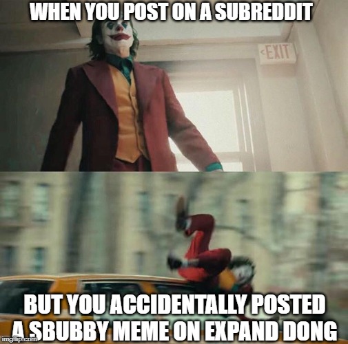 Reddit Facts | WHEN YOU POST ON A SUBREDDIT; BUT YOU ACCIDENTALLY POSTED A SBUBBY MEME ON EXPAND DONG | image tagged in joaquin phoenix joker car,reddit,fun,funny memes,dank memes,relatable | made w/ Imgflip meme maker