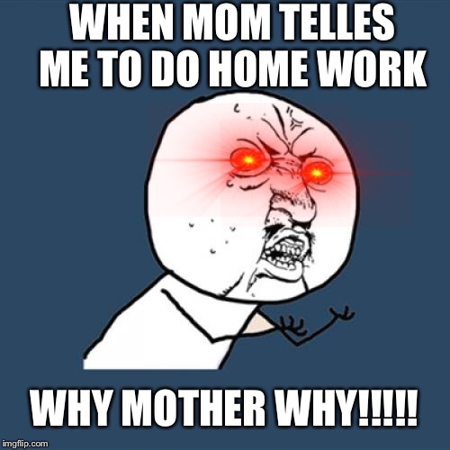 Y U No Meme | WHEN MOM TELLES ME TO DO HOME WORK; WHY MOTHER WHY!!!!! | image tagged in memes,y u no | made w/ Imgflip meme maker