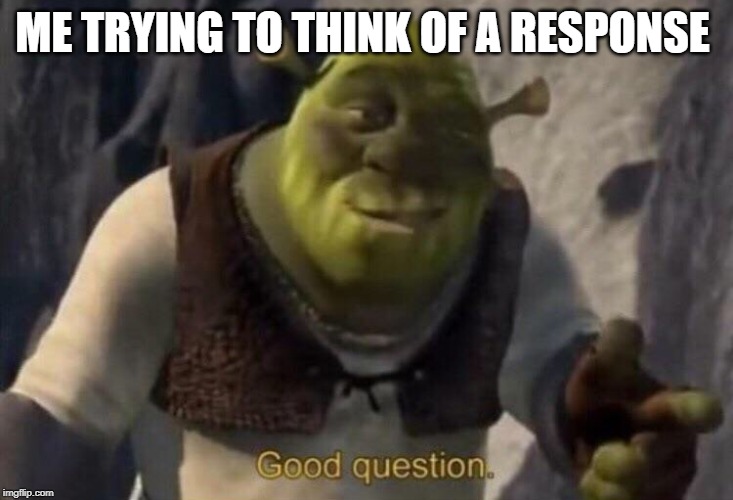 Shrek good question | ME TRYING TO THINK OF A RESPONSE | image tagged in shrek good question | made w/ Imgflip meme maker