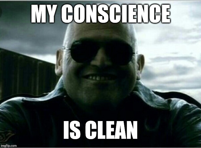 My Conscience Is Clean | MY CONSCIENCE; IS CLEAN | image tagged in my conscience is clean | made w/ Imgflip meme maker