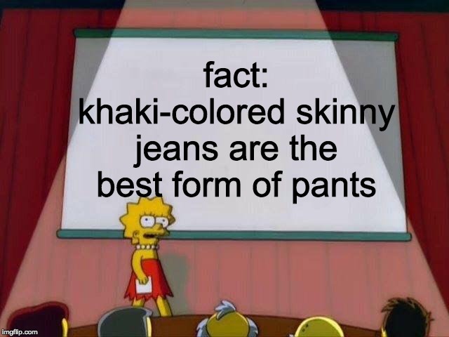 Lisa Simpson's Presentation | fact: khaki-colored skinny jeans are the best form of pants | image tagged in lisa simpson's presentation | made w/ Imgflip meme maker