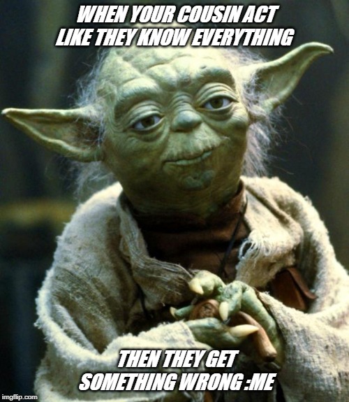 Star Wars Yoda Meme | WHEN YOUR COUSIN ACT LIKE THEY KNOW EVERYTHING; THEN THEY GET SOMETHING WRONG :ME | image tagged in memes,star wars yoda | made w/ Imgflip meme maker