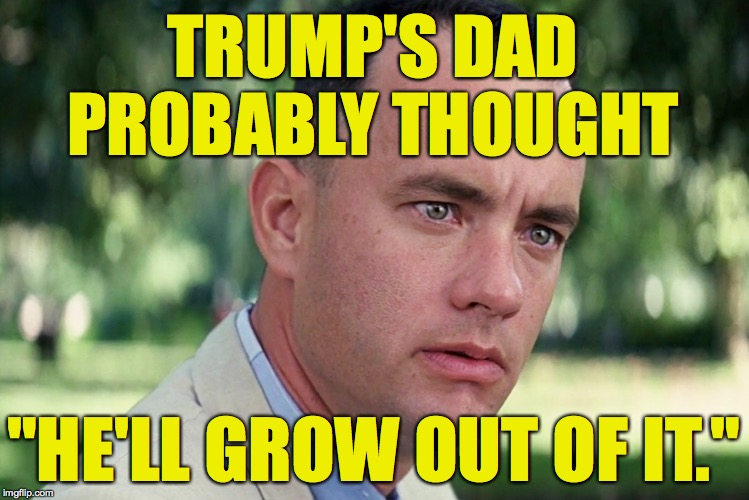 Political historian's musing. | TRUMP'S DAD PROBABLY THOUGHT; "HE'LL GROW OUT OF IT." | image tagged in memes,idiot trump | made w/ Imgflip meme maker
