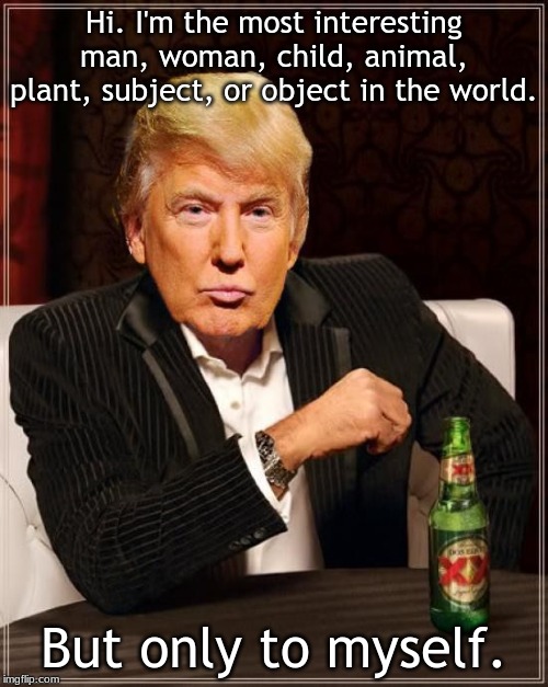 Trump Most Interesting Man In The World | Hi. I'm the most interesting man, woman, child, animal, plant, subject, or object in the world. But only to myself. | image tagged in trump most interesting man in the world | made w/ Imgflip meme maker