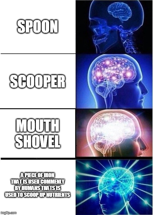 Expanding Brain Meme | SPOON; SCOOPER; MOUTH SHOVEL; A PIECE OF IRON THAT IS USED COMMENLY BY HUMANS THATS IS USED TO SCOOP UP NUTRIENTS | image tagged in memes,expanding brain | made w/ Imgflip meme maker