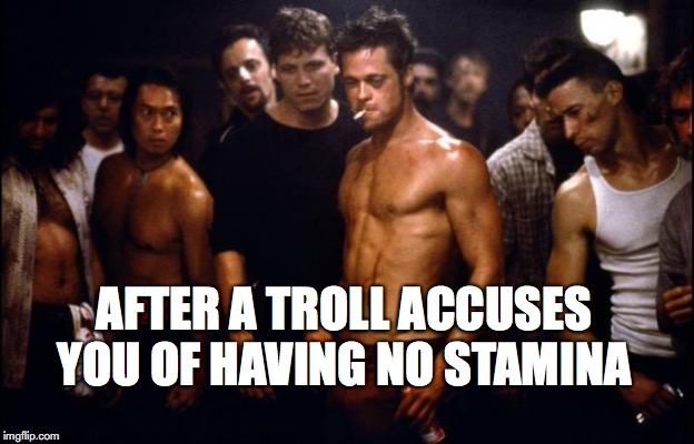 fight club stamina | AFTER A TROLL ACCUSES YOU OF HAVING NO STAMINA | image tagged in fight club template | made w/ Imgflip meme maker