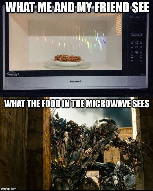 What the microwave sees | WHAT ME AND MY FRIEND SEE; WHAT THE FOOD IN THE MICROWAVE SEES | image tagged in megaton and starscream looking around the corner,microwave,transformers | made w/ Imgflip meme maker
