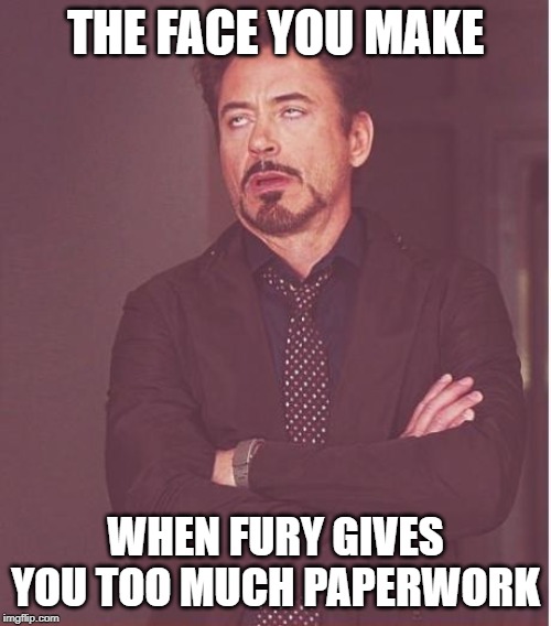 Face You Make Robert Downey Jr | THE FACE YOU MAKE; WHEN FURY GIVES YOU TOO MUCH PAPERWORK | image tagged in memes,face you make robert downey jr | made w/ Imgflip meme maker