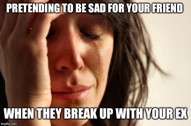 First World Problems | PRETENDING TO BE SAD FOR YOUR FRIEND; WHEN THEY BREAK UP WITH YOUR EX | image tagged in memes,first world problems | made w/ Imgflip meme maker