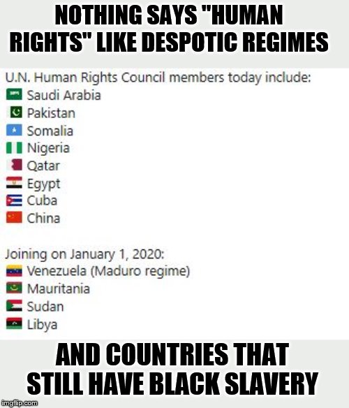 The joke that is the UNHRC | NOTHING SAYS "HUMAN RIGHTS" LIKE DESPOTIC REGIMES; AND COUNTRIES THAT STILL HAVE BLACK SLAVERY | image tagged in unhrc,despots,communists,socialists,slavery,modern slavery | made w/ Imgflip meme maker
