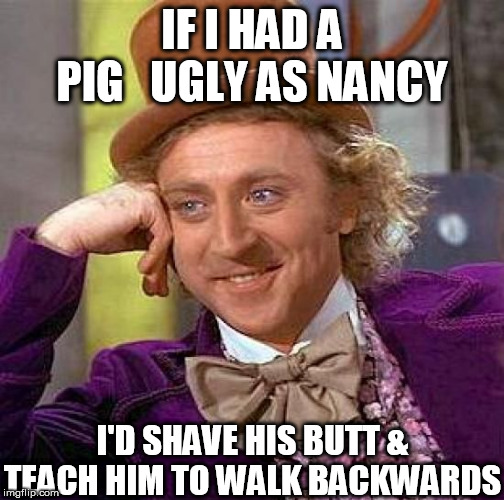 Creepy Condescending Wonka Meme | IF I HAD A PIG   UGLY AS NANCY I'D SHAVE HIS BUTT & TEACH HIM TO WALK BACKWARDS | image tagged in memes,creepy condescending wonka | made w/ Imgflip meme maker