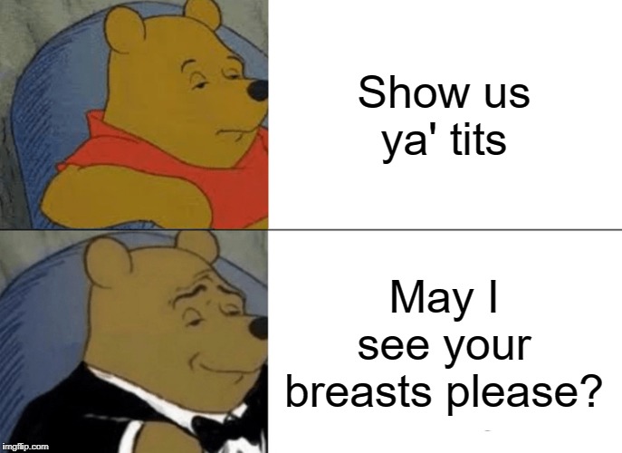 Tuxedo Winnie The Pooh Meme | Show us ya' tits; May I see your breasts please? | image tagged in memes,tuxedo winnie the pooh | made w/ Imgflip meme maker