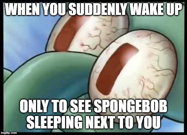 Shocked Squidward | WHEN YOU SUDDENLY WAKE UP; ONLY TO SEE SPONGEBOB SLEEPING NEXT TO YOU | image tagged in squidward,spongebob | made w/ Imgflip meme maker