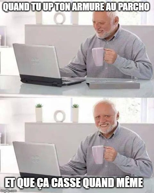 Hide the Pain Harold Meme | QUAND TU UP TON ARMURE AU PARCHO; ET QUE ÇA CASSE QUAND MÊME | image tagged in memes,hide the pain harold | made w/ Imgflip meme maker