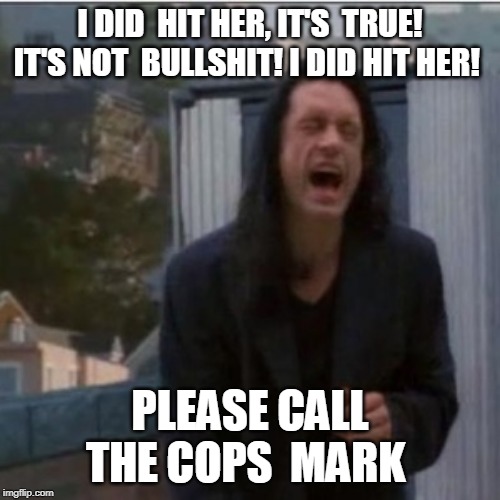 I wonder how the movie would have been if tommy say he did hit her  even if he did not  just to please lisa | I DID  HIT HER, IT'S  TRUE! IT'S NOT  BULLSHIT! I DID HIT HER! PLEASE CALL THE COPS  MARK | image tagged in tommy wiseau hit her,the room,memes,what if | made w/ Imgflip meme maker