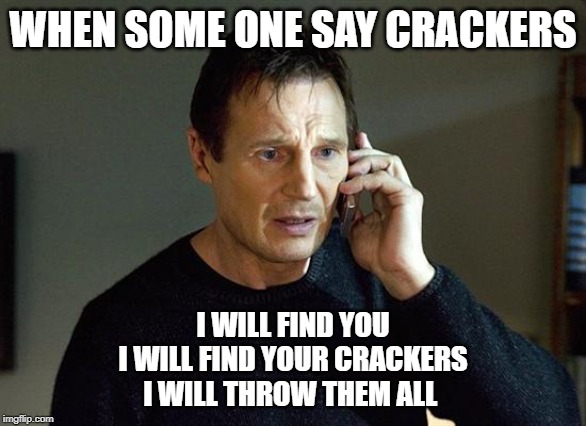 Liam Neeson Taken 2 Meme | WHEN SOME ONE SAY CRACKERS; I WILL FIND YOU
I WILL FIND YOUR CRACKERS
I WILL THROW THEM ALL | image tagged in memes,liam neeson taken 2 | made w/ Imgflip meme maker