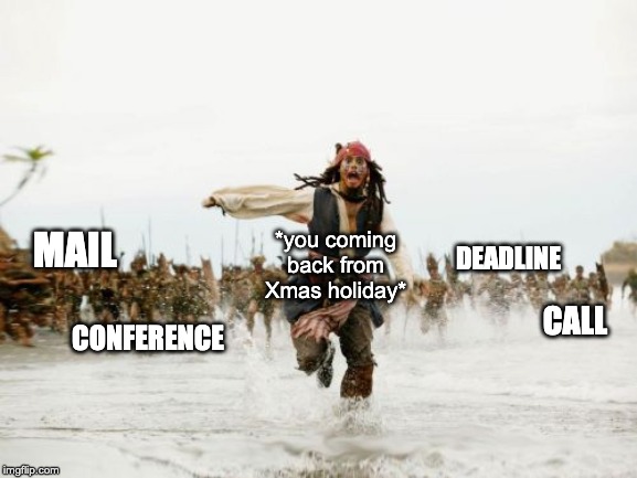 Jack Sparrow Being Chased Meme | *you coming back from Xmas holiday*; MAIL; DEADLINE; CONFERENCE; CALL | image tagged in memes,jack sparrow being chased | made w/ Imgflip meme maker