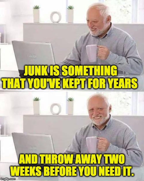 Hide the Pain Harold Meme | JUNK IS SOMETHING THAT YOU'VE KEPT FOR YEARS; AND THROW AWAY TWO WEEKS BEFORE YOU NEED IT. | image tagged in memes,hide the pain harold | made w/ Imgflip meme maker
