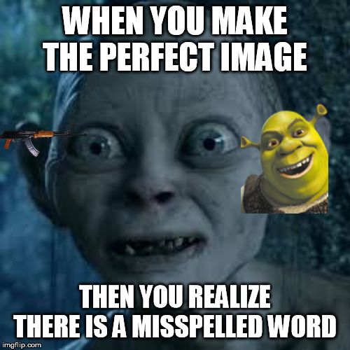 wide eyes |  WHEN YOU MAKE THE PERFECT IMAGE; THEN YOU REALIZE THERE IS A MISSPELLED WORD | image tagged in wide eyes | made w/ Imgflip meme maker