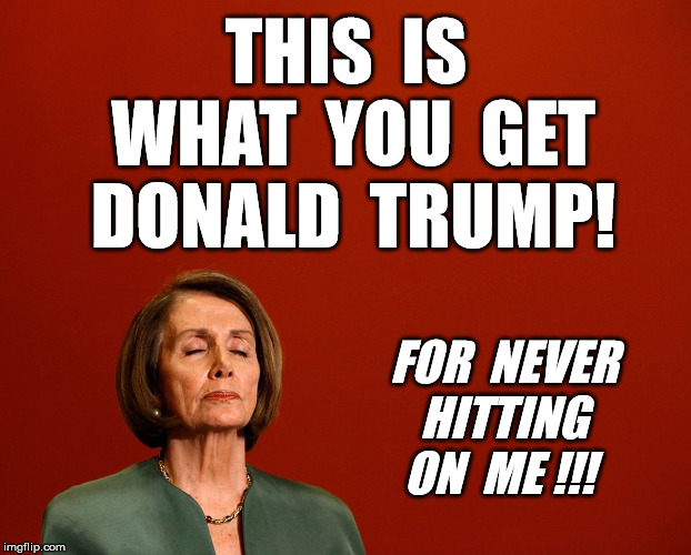 Nancy Pelosi Deep Thoughts | THIS  IS  WHAT  YOU  GET
DONALD  TRUMP! FOR  NEVER
HITTING
ON  ME !!! | image tagged in nancy pelosi deep thoughts | made w/ Imgflip meme maker