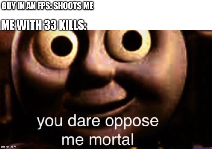 You dare oppose me mortal | GUY IN AN FPS: SHOOTS ME; ME WITH 33 KILLS: | image tagged in you dare oppose me mortal | made w/ Imgflip meme maker