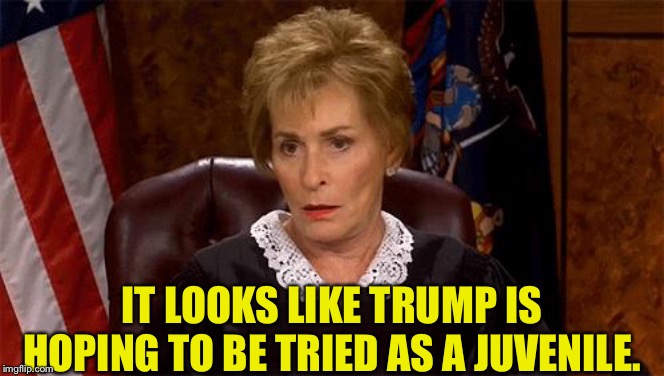 Judge Judy Unimpressed | IT LOOKS LIKE TRUMP IS HOPING TO BE TRIED AS A JUVENILE. | image tagged in judge judy unimpressed | made w/ Imgflip meme maker