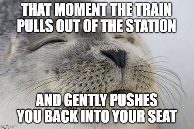 Satisfied Seal Meme | THAT MOMENT THE TRAIN PULLS OUT OF THE STATION; AND GENTLY PUSHES YOU BACK INTO YOUR SEAT | image tagged in memes,satisfied seal | made w/ Imgflip meme maker