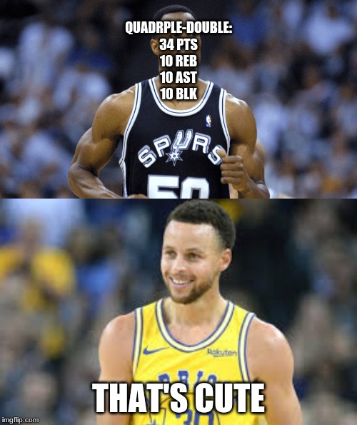 QUADRPLE-DOUBLE:
34 PTS
10 REB
10 AST
10 BLK; THAT'S CUTE | made w/ Imgflip meme maker