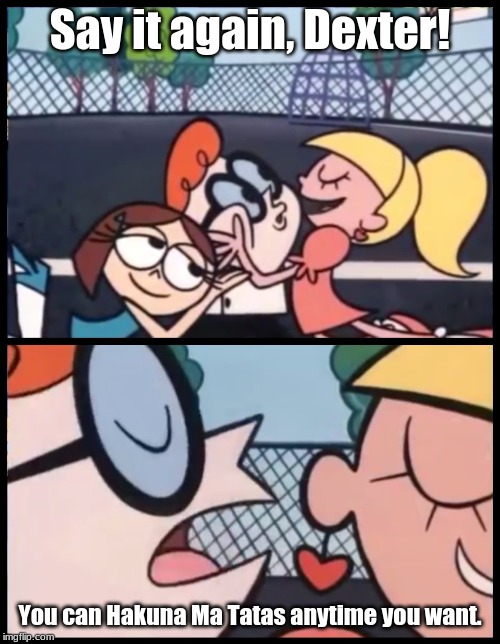 Ruining Cartoons From Your Childhood 101 | Say it again, Dexter! You can Hakuna Ma Tatas anytime you want. | image tagged in memes,say it again dexter,cartoons,hakuna matata | made w/ Imgflip meme maker