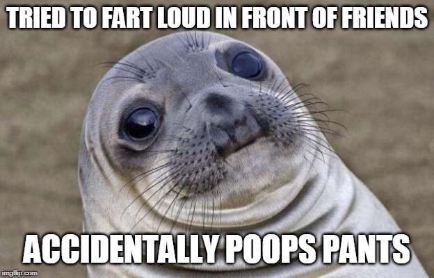 Awkward Moment Sealion | TRIED TO FART LOUD IN FRONT OF FRIENDS; ACCIDENTALLY POOPS PANTS | image tagged in memes,awkward moment sealion | made w/ Imgflip meme maker
