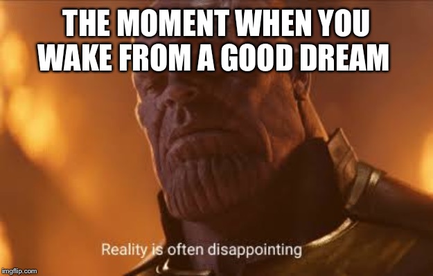 Thanos reality | THE MOMENT WHEN YOU WAKE FROM A GOOD DREAM | image tagged in thanos reality | made w/ Imgflip meme maker