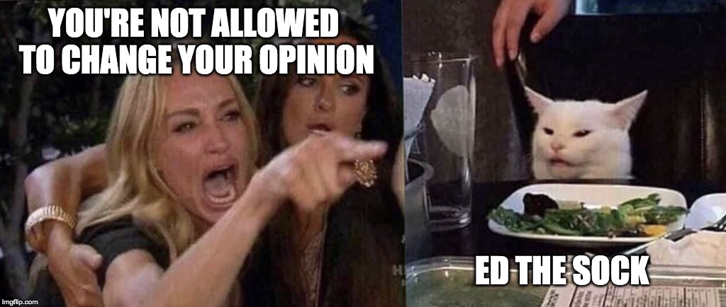 woman yelling at cat | YOU'RE NOT ALLOWED 
TO CHANGE YOUR OPINION; ED THE SOCK | image tagged in woman yelling at cat | made w/ Imgflip meme maker
