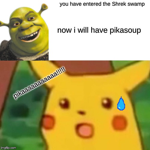 Surprised Pikachu | you have entered the Shrek swamp; now i will have pikasoup; pikaaaaaaaaaaa!!!!! | image tagged in memes,surprised pikachu | made w/ Imgflip meme maker