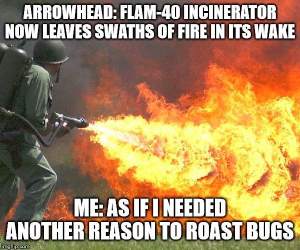 Flamethrower | ARROWHEAD: FLAM-40 INCINERATOR NOW LEAVES SWATHS OF FIRE IN ITS WAKE; ME: AS IF I NEEDED ANOTHER REASON TO ROAST BUGS | image tagged in flamethrower,Helldivers | made w/ Imgflip meme maker