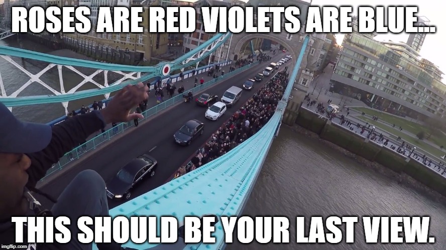 Bridge Climber | ROSES ARE RED VIOLETS ARE BLUE... THIS SHOULD BE YOUR LAST VIEW. | image tagged in bridge,roses are red,danger,kamikaze,guy,madness | made w/ Imgflip meme maker
