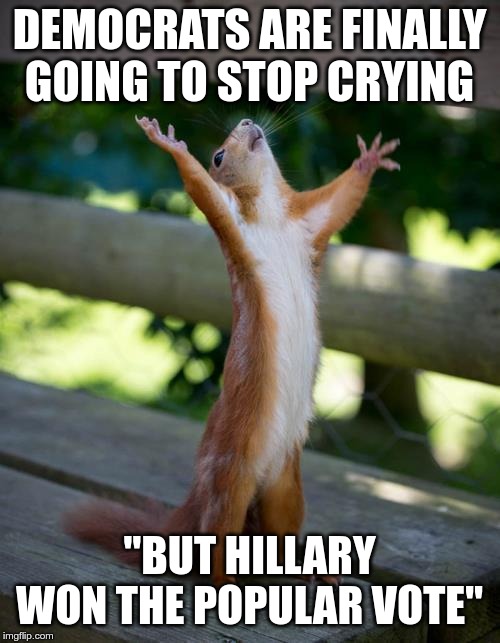 amen squirrel | DEMOCRATS ARE FINALLY GOING TO STOP CRYING "BUT HILLARY WON THE POPULAR VOTE" | image tagged in amen squirrel | made w/ Imgflip meme maker