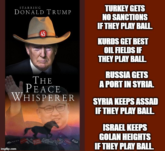 Remember: MSM, Democrats & Hollywood Prefer War & the loss of American Life! | TURKEY GETS NO SANCTIONS IF THEY PLAY BALL. KURDS GET BEST OIL FIELDS IF THEY PLAY BALL. RUSSIA GETS A PORT IN SYRIA. SYRIA KEEPS ASSAD IF THEY PLAY BALL. ISRAEL KEEPS GOLAN HEIGHTS IF THEY PLAY BALL. | image tagged in vince vance,horse whisperer,foreign policy,america first,middle east,peace whisperer | made w/ Imgflip meme maker